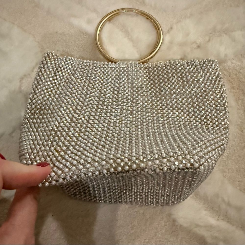 Jessica McClintock Silver Beaded Clutch with Gold Ring Handle